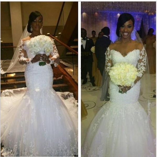 2019 actual image long sleeve wedding dresses mermaid lace applique beaded sparkle floor length bridal gowns plus size, White 
2019 actual image long sleeve wedding dresses mermaid lace applique beaded sparkle floor length bridal gowns plus size, White