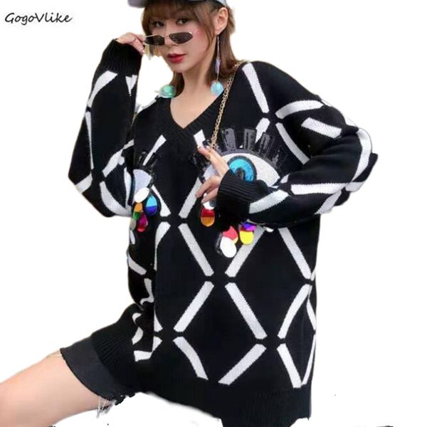 sequined eyes women plaid sweater long sleeve v neck sweater women cartoon female clothing korean knit sa536s30, White;black
sequined eyes women plaid sweater long sleeve v neck sweater women cartoon female clothing korean knit sa536s30, White;black