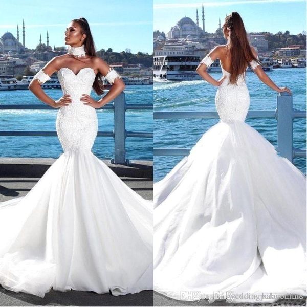 vintage gorgeous mermaid wedding dresses sweetheart lace appliques backless chapel train neck vestido de noiva long bridal gowns custom, White
vintage gorgeous mermaid wedding dresses sweetheart lace appliques backless chapel train neck vestido de noiva long bridal gowns custom, White
