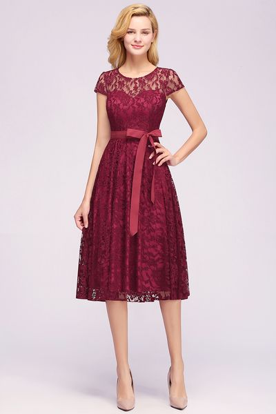 burgundy tea length lace evening prom dresses womens short cap sleeves scoop neck christmas party cocktail dress with sash cps1152, Black;red
burgundy tea length lace evening prom dresses womens short cap sleeves scoop neck christmas party cocktail dress with sash cps1152, Black;red