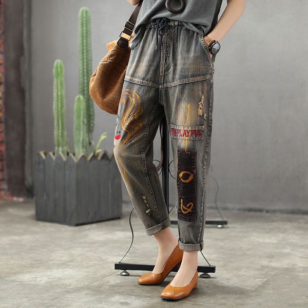 women spring autumn fashion brand korea style vintage elastic waist embroidery frayed jeans harem pants female casual trousers, Blue
women spring autumn fashion brand korea style vintage elastic waist embroidery frayed jeans harem pants female casual trousers, Blue