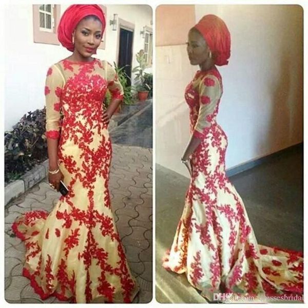 african sheer neck mermaid evening dresses 1/2 sleeves red applique sweep train evening gowns prom dresses evening wear robes de soirée, Black;red
african sheer neck mermaid evening dresses 1/2 sleeves red applique sweep train evening gowns prom dresses evening wear robes de soirée, Black;red