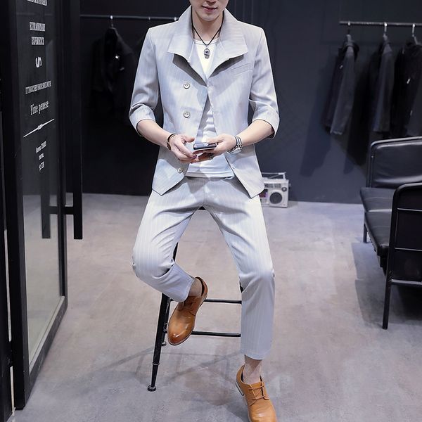 men england stripes suit suit male summer style slim fit type two-piece set trend leisure coat p9, White;black
men england stripes suit suit male summer style slim fit type two-piece set trend leisure coat p9, White;black