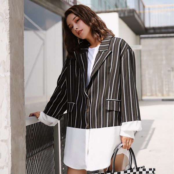 fashion shirt hem patchwork striped blazer women spring jacket 2019 new korean streetwear casual long blazer feminino, White;black
fashion shirt hem patchwork striped blazer women spring jacket 2019 new korean streetwear casual long blazer feminino, White;black