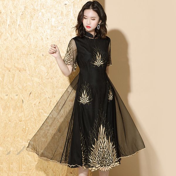 2020 summer embroidery mesh dress improved short sleeve knee length mandarin collar female dress, Black;gray
2020 summer embroidery mesh dress improved short sleeve knee length mandarin collar female dress, Black;gray