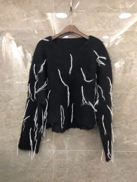 2019 aww new women's round neck fringe splicing mohair long sleeve versatile 1110, White;black
2019 aww new women's round neck fringe splicing mohair long sleeve versatile 1110, White;black