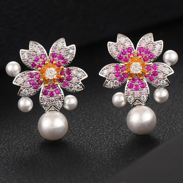 siscathy popular sweet flower pearls drop earrings for women bridal wedding super accessories full mirco paved microl zircon, Silver
siscathy popular sweet flower pearls drop earrings for women bridal wedding super accessories full mirco paved microl zircon, Silver