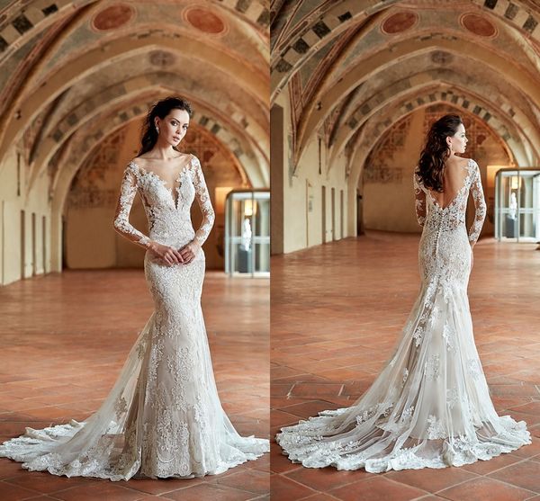 2019 new arrival ivory lace mermaid wedding dresses crew neck sheer long sleeves lace appliqued low back wedding bridal gowns, White
2019 new arrival ivory lace mermaid wedding dresses crew neck sheer long sleeves lace appliqued low back wedding bridal gowns, White