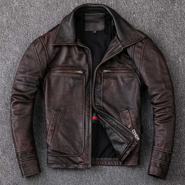 genuine 2020 vintage fashion retro men short lapels cowskin motorcycle leather jacket slim fit biker coat male, Black 
genuine 2020 vintage fashion retro men short lapels cowskin motorcycle leather jacket slim fit biker coat male, Black