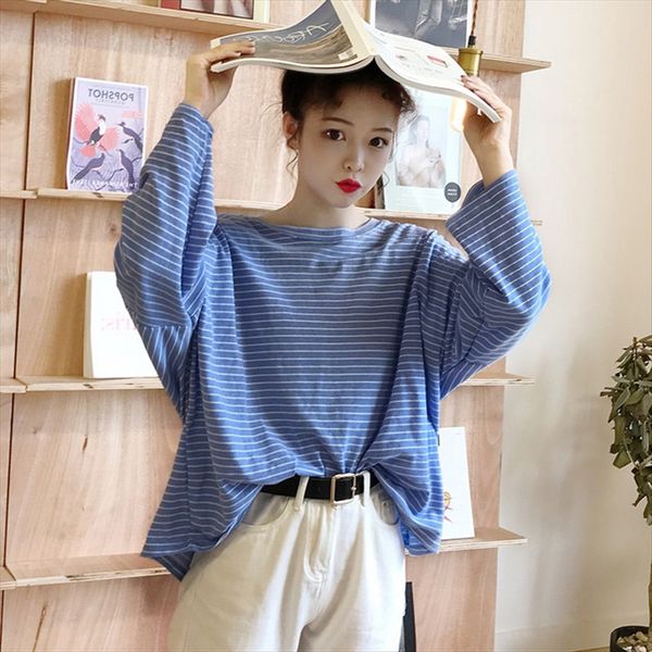 2019 осени полосатой с длинным рукавом t- женщин свободного универсальным студентом t- рубашкой верхних женской рубашки основания, White 
2019 осени полосатой с длинным рукавом t- женщин свободного универсальным студентом t- рубашкой верхних женской рубашки основания, White