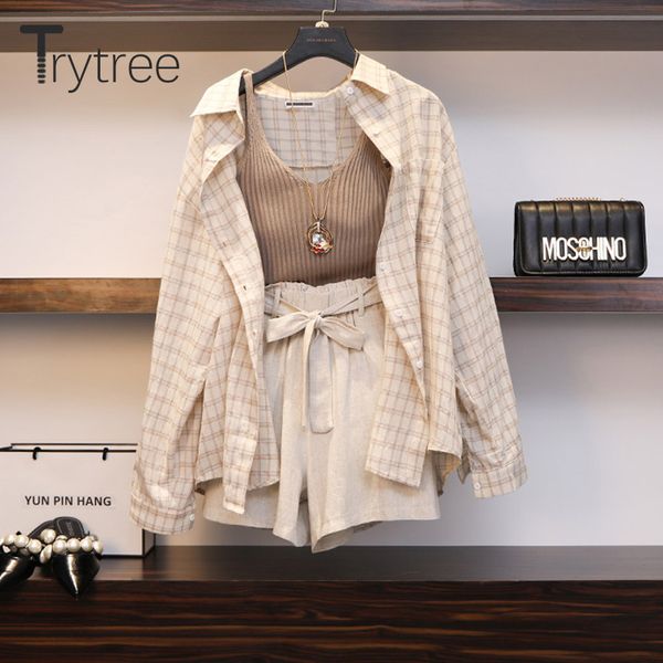 trytree summer women three piece sets casual linen plaid + shorts elastic waist belt wide leg pants suit set 3 piece set, White
trytree summer women three piece sets casual linen plaid + shorts elastic waist belt wide leg pants suit set 3 piece set, White