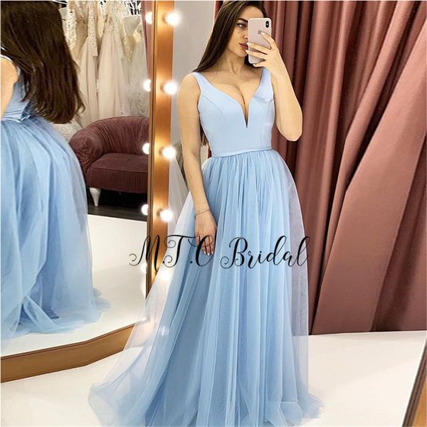 mint blue long tulle evening dresses 2019 simple v neck a line floor length elegant prom dress wedding party gowns, White;black
mint blue long tulle evening dresses 2019 simple v neck a line floor length elegant prom dress wedding party gowns, White;black