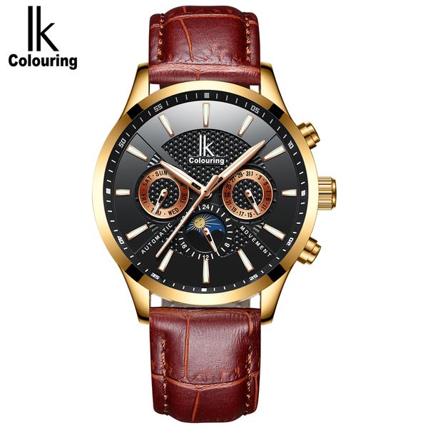 

ik colouring luxury men watches automatic mechanical business self winding mens watch leather calendar moon phase wristwatches, Slivery;brown