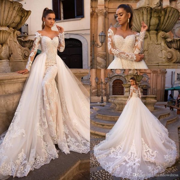lace mermaid wedding dresses off shoulder sheer long sleeves tulle applique sweep train with detachable wedding dress bridal gowns custom, White
lace mermaid wedding dresses off shoulder sheer long sleeves tulle applique sweep train with detachable wedding dress bridal gowns custom, White