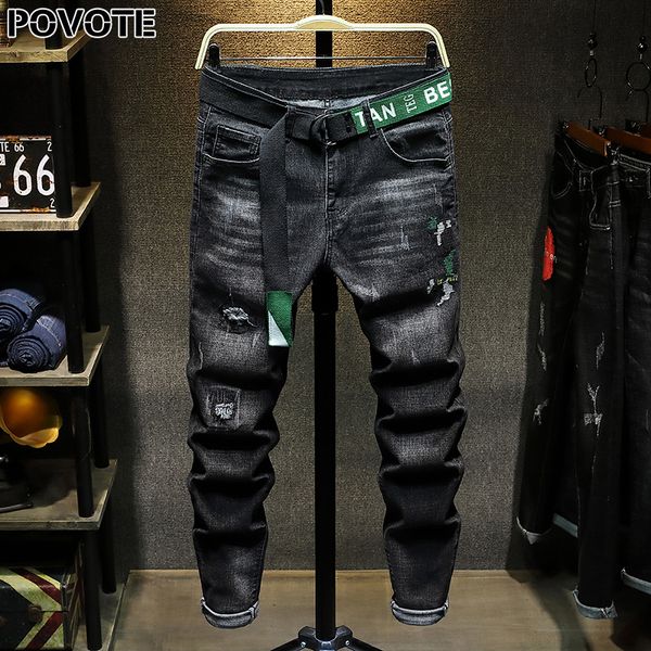 men's jeans povote spring embroidered slim leggings korean trend 2021 fashion brand trousers with holes, Blue
men's jeans povote spring embroidered slim leggings korean trend 2021 fashion brand trousers with holes, Blue