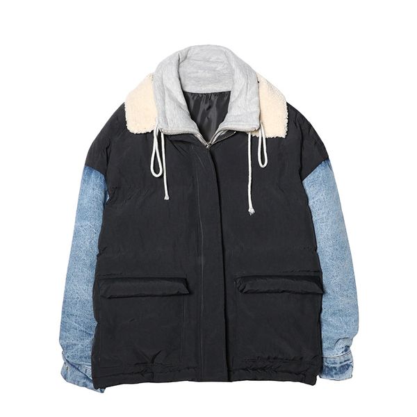 winter new fake two piece korean parkas knitted denim patchwork sleeves thicken winter clothes women loose jacket female parkas, Black
winter new fake two piece korean parkas knitted denim patchwork sleeves thicken winter clothes women loose jacket female parkas, Black