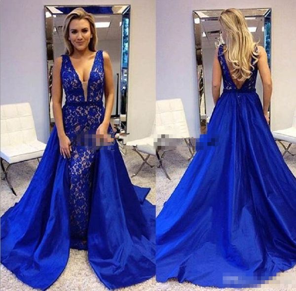 deep v neck royal blue prom dresses mermaid with overskirt elastic satin lace beaded backless custom made formal evening gowns, Black
deep v neck royal blue prom dresses mermaid with overskirt elastic satin lace beaded backless custom made formal evening gowns, Black