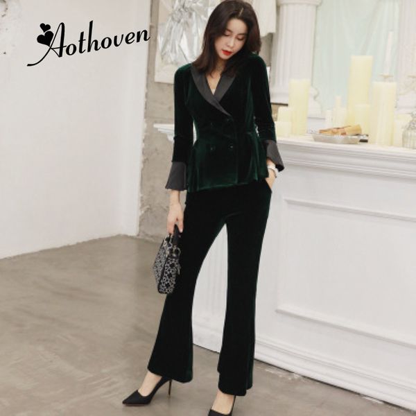 2 piece set 2018 women autumn green full sleeve elegant office velvet suit ruffles and full length pants work two piece set, White
2 piece set 2018 women autumn green full sleeve elegant office velvet suit ruffles and full length pants work two piece set, White