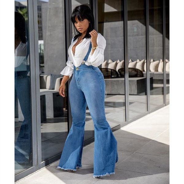 2019 new women spaghetti strap high waist jeans vintage casual denim flare pants full length solid trousers, Blue
2019 new women spaghetti strap high waist jeans vintage casual denim flare pants full length solid trousers, Blue
