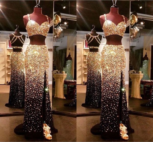 2020 glitter gold crystal evening prom dresses with high thigh slit spaghetti keyhole back 2 piece dresses evening wear saudi arabic girls, Black
2020 glitter gold crystal evening prom dresses with high thigh slit spaghetti keyhole back 2 piece dresses evening wear saudi arabic girls, Black