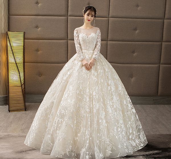 2019 elegant a-line long sleeves lace wedding dresses o-neck open back floor length weding gowns customized princess bridal dresses, White
2019 elegant a-line long sleeves lace wedding dresses o-neck open back floor length weding gowns customized princess bridal dresses, White