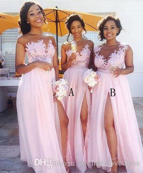 New Illusion Blush Pink Chiffon Long Bridesmaid Dresses Sheer Tulle Lace Applique Split Ruched Floor Length Wedding Party Evening Dresses
New Illusion Blush Pink Chiffon Long Bridesmaid Dresses Sheer Tulle Lace Applique Split Ruched Floor Length Wedding Party Evening Dresses