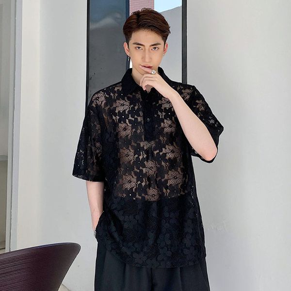 men lace casual short sleeve translucent thin pullover shirt male streetwear retro loose dress shirts stage clothing, White;black
men lace casual short sleeve translucent thin pullover shirt male streetwear retro loose dress shirts stage clothing, White;black