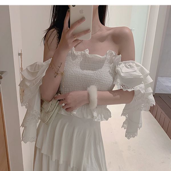women feminine slash neck ruched patchwork lace ruffles short blouse summer chic tube top, White
women feminine slash neck ruched patchwork lace ruffles short blouse summer chic tube top, White