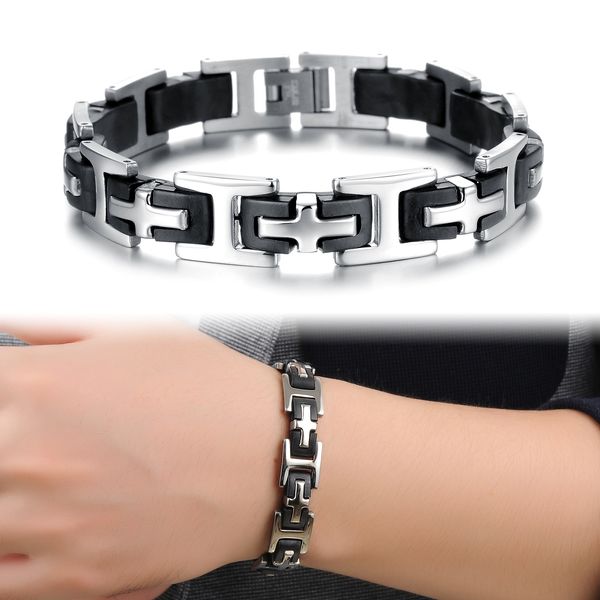 handmade rubber silicone cross stainless steel cuff bangle bracelet for men silver black 8.26", high polish
handmade rubber silicone cross stainless steel cuff bangle bracelet for men silver black 8.26", high polish