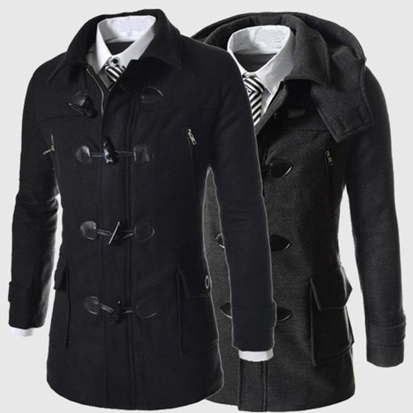 men's jacket detachable hat men's woolen coat jacket classic horn buckle wool coat men warm and windproof, Black
men's jacket detachable hat men's woolen coat jacket classic horn buckle wool coat men warm and windproof, Black