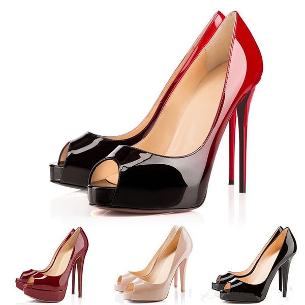 Дизайнер Высокие каблуки лакированной кожи Peep Toe Женщины Указал насосы платформы
