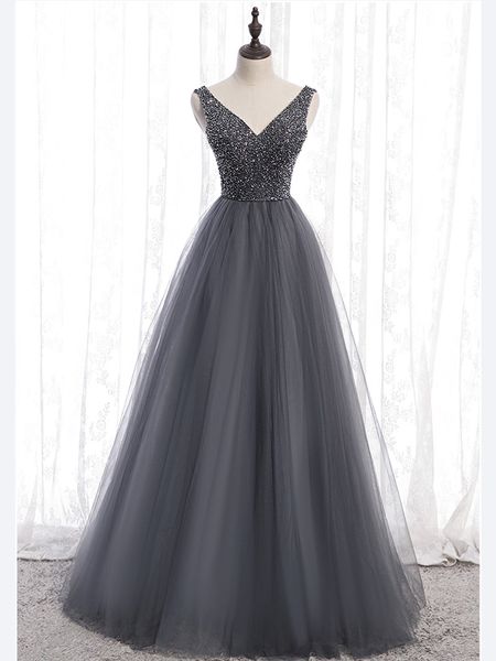new arrival gray prom dresses layers tulle with beads sequins floor length evening gowns sheer side long prom dresses real pictures, Black
new arrival gray prom dresses layers tulle with beads sequins floor length evening gowns sheer side long prom dresses real pictures, Black