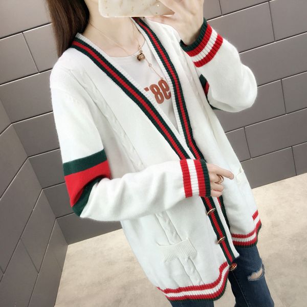 european station 2018 new spring and autumn women's fashion college v-neck sweater cardigan women's sweater, White
european station 2018 new spring and autumn women's fashion college v-neck sweater cardigan women's sweater, White