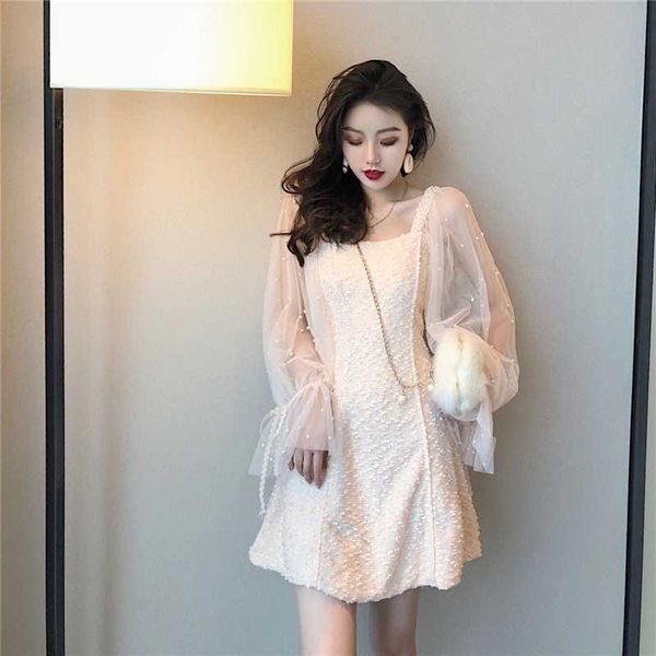 spring and summer women's mesh pearl dress stitching mesh slim dress puff long sleeve waist elegant party short female, Black;gray
spring and summer women's mesh pearl dress stitching mesh slim dress puff long sleeve waist elegant party short female, Black;gray