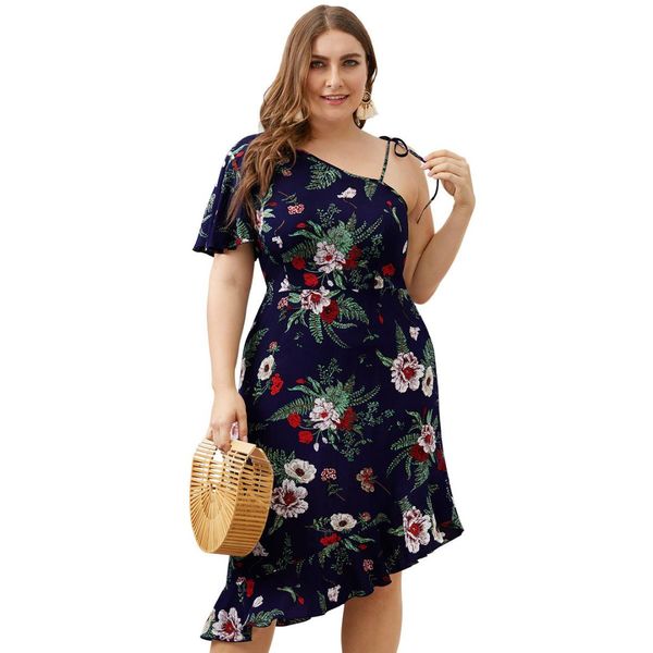 2019 pregnant slanted shoulder short sleeves waist ruffled irregular hem bag hip large size women's printed flower dress, White
2019 pregnant slanted shoulder short sleeves waist ruffled irregular hem bag hip large size women's printed flower dress, White