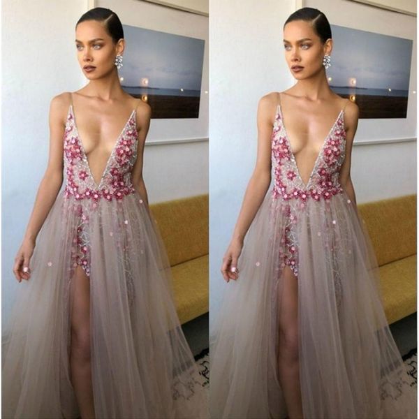 wholesale - 2019 lace prom dresses deep v neck side split beaded applique sequined tulle long formal evening dress, Black
wholesale - 2019 lace prom dresses deep v neck side split beaded applique sequined tulle long formal evening dress, Black