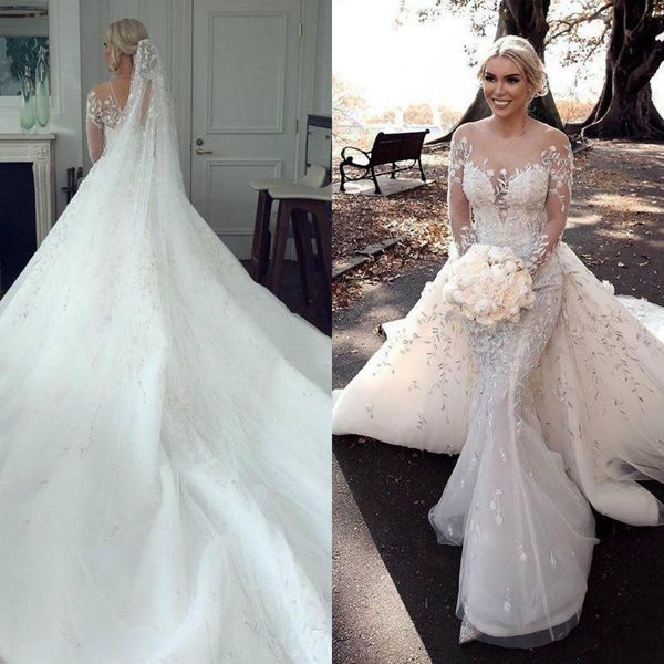 gorgeous tulle mermaid wedding dresses with detachable train jewel lace applique long sleeves wedding gowns custom made robe de mariee, White
gorgeous tulle mermaid wedding dresses with detachable train jewel lace applique long sleeves wedding gowns custom made robe de mariee, White