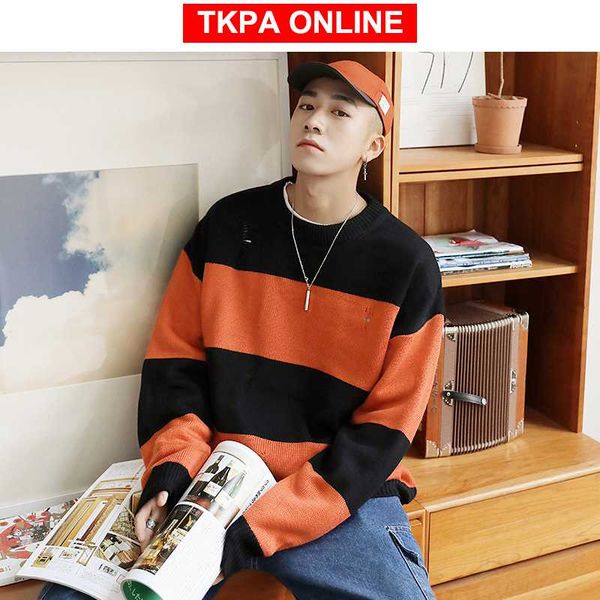 men korean striped sweater 2020 fall mens pullover streetwear hip hop hole sweaters couple orange oversized sweaters, White;black
men korean striped sweater 2020 fall mens pullover streetwear hip hop hole sweaters couple orange oversized sweaters, White;black