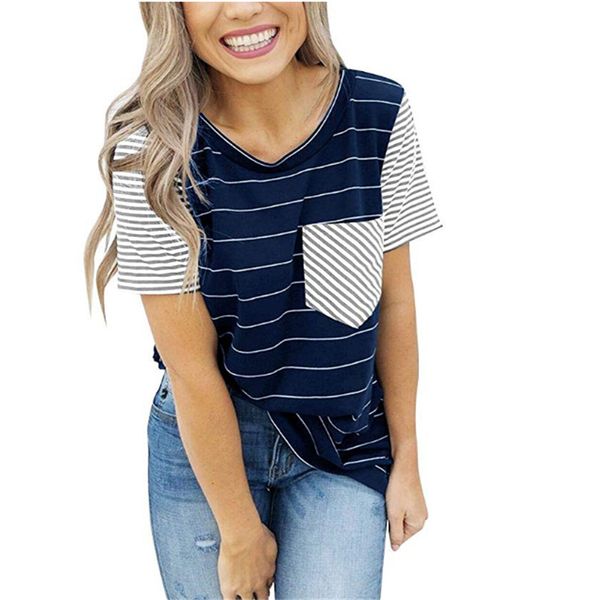 women's 2019 new style spring summer short sleeve striped pocket patchwork t-shirt female cotton round neck t shirt, White
women's 2019 new style spring summer short sleeve striped pocket patchwork t-shirt female cotton round neck t shirt, White