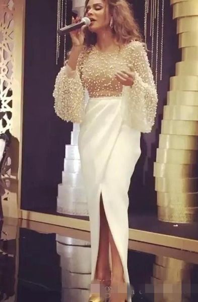 2019 white prom dresses mermaid front slit satin long poet sleeves tulle luxury beaded pearls scoop sheer neck floor length evening gown, Black
2019 white prom dresses mermaid front slit satin long poet sleeves tulle luxury beaded pearls scoop sheer neck floor length evening gown, Black