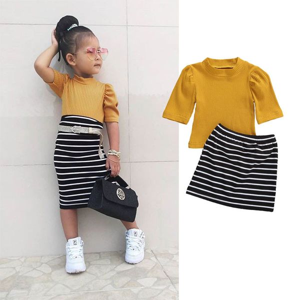 2020 summer girls two piece suit short sleeve knitted t-shirts+striped skirts school style children's casual clothing sets, White
2020 summer girls two piece suit short sleeve knitted t-shirts+striped skirts school style children's casual clothing sets, White