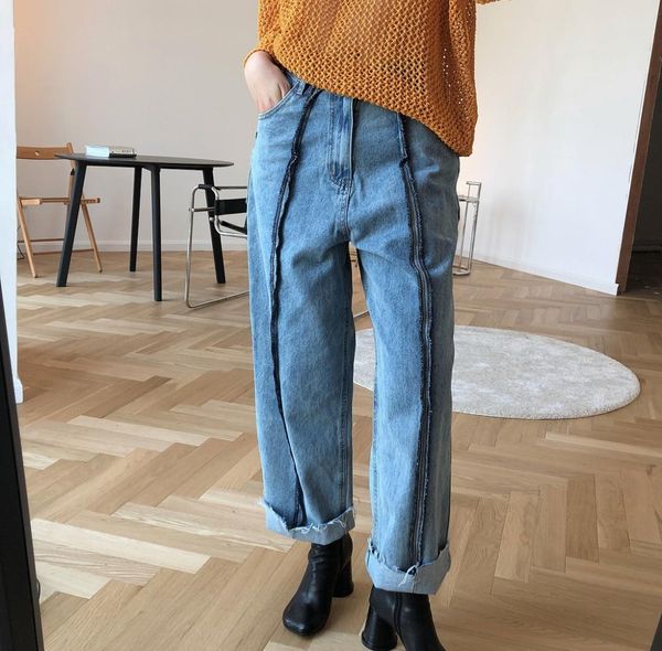2019 autumn new retro fashion hair edge wide leg jeans high waist show thin water wash long trousers pants women clothing, Blue
2019 autumn new retro fashion hair edge wide leg jeans high waist show thin water wash long trousers pants women clothing, Blue