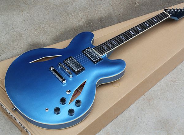 Factory whole ale metal blue hollow body electric guitar with 2 pickup chrome hardware white binding
Factory whole ale metal blue hollow body electric guitar with 2 pickup chrome hardware white binding