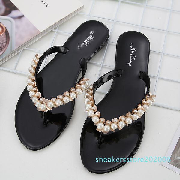 pearl string bead outside elegant shallow women slippers summer crystal beach pointed toe flat flip flops solid soft shoes s06, Black 
pearl string bead outside elegant shallow women slippers summer crystal beach pointed toe flat flip flops solid soft shoes s06, Black