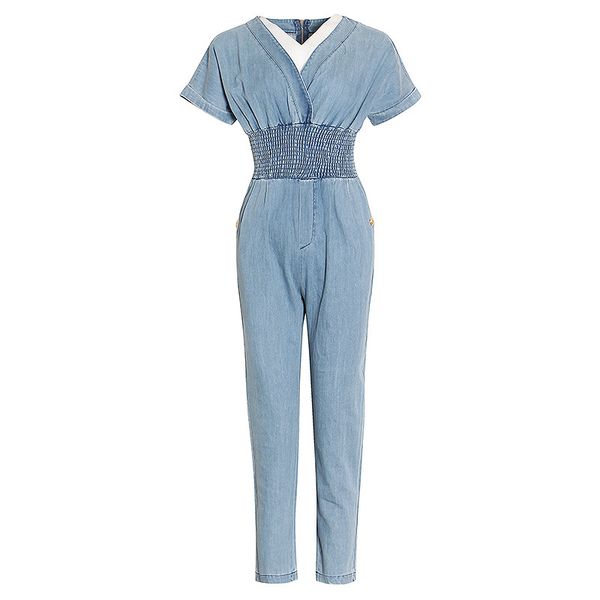 short sleeve summer women's denim jumpsuits back zipper deep v elastic waist blue club jeans romper overalls, Black;white
short sleeve summer women's denim jumpsuits back zipper deep v elastic waist blue club jeans romper overalls, Black;white