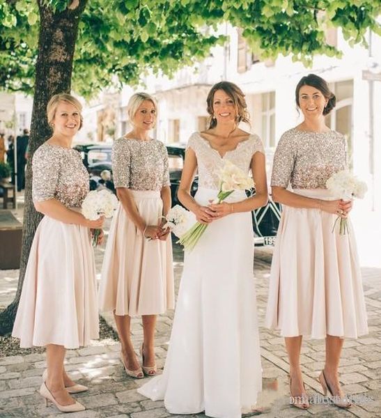 blush bridesmaid dresses half sleeves sequins maid of honor dress vintage tea length prom party gowns, White;pink
blush bridesmaid dresses half sleeves sequins maid of honor dress vintage tea length prom party gowns, White;pink