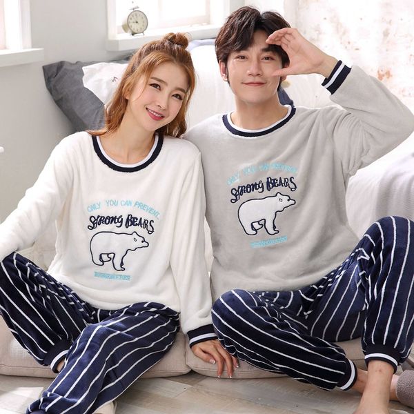 

couples cartoon thick warm flannel long sleeve pajama set for women winter coral velvet sleepwear suit men homewear home clothes, Black;red