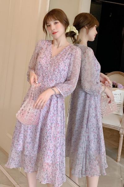 311#purple chiffon maternity dress with seven-minute sleeves and sun protection, White