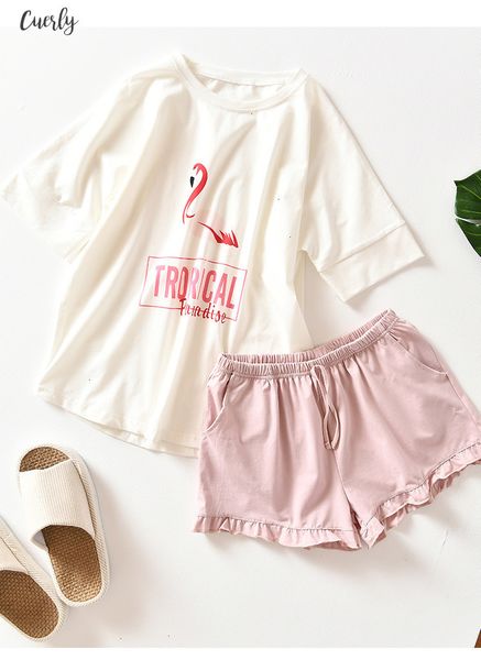 short shorts sleeved flamingos home suit spot 100% cotton pajama sets summer nightly recommended womens pijama home clothing, Black;red
short shorts sleeved flamingos home suit spot 100% cotton pajama sets summer nightly recommended womens pijama home clothing, Black;red