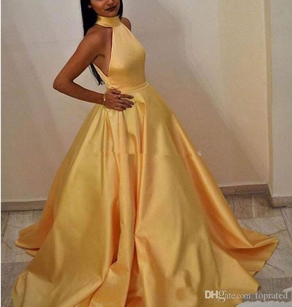new design yellow satin prom dresses elegant high neck sleeveless women a-line halter long evening dresses with pockets robe de soiree, Black
new design yellow satin prom dresses elegant high neck sleeveless women a-line halter long evening dresses with pockets robe de soiree, Black